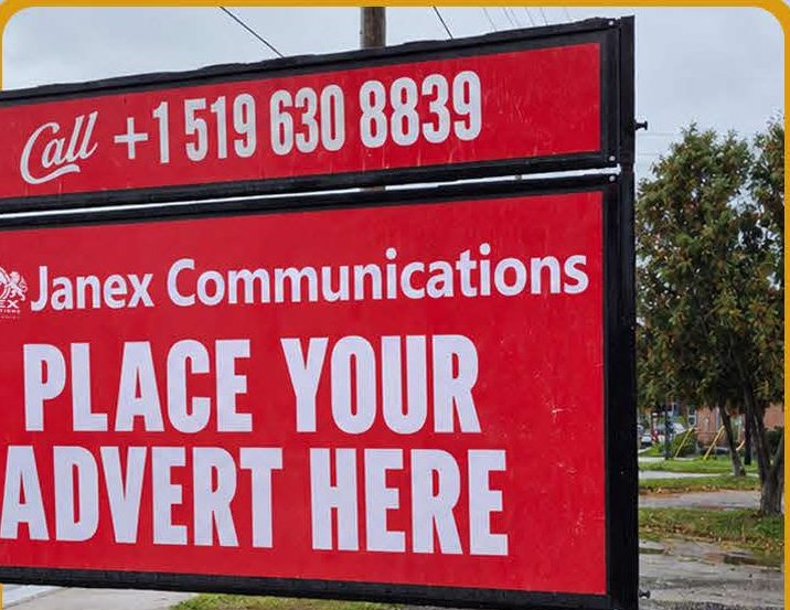 A red segmented board with a separate call panel above the main advert.